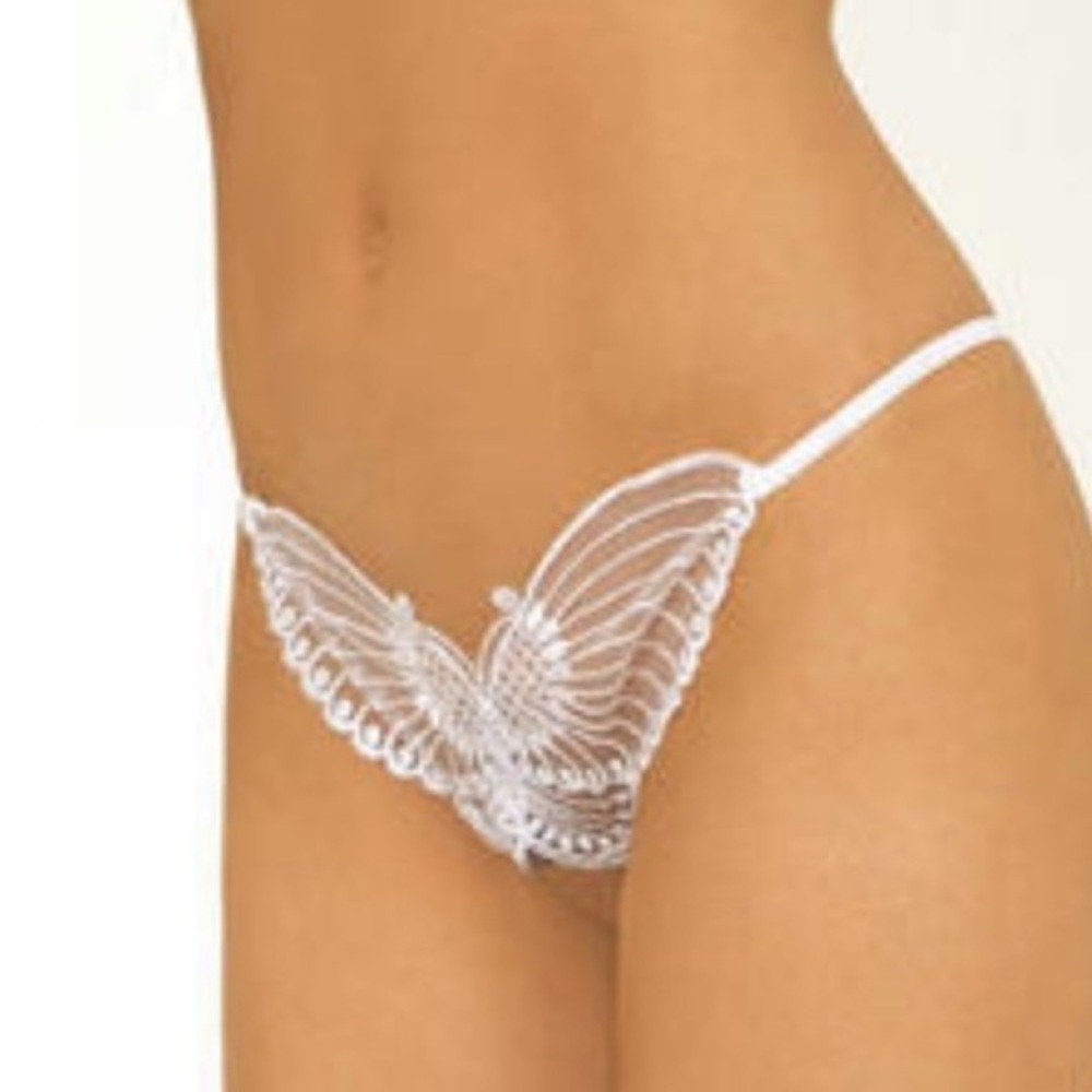 LEG AVENUE White Butterfly Crotchless pantie With Pearl Sequin Detail - One Size